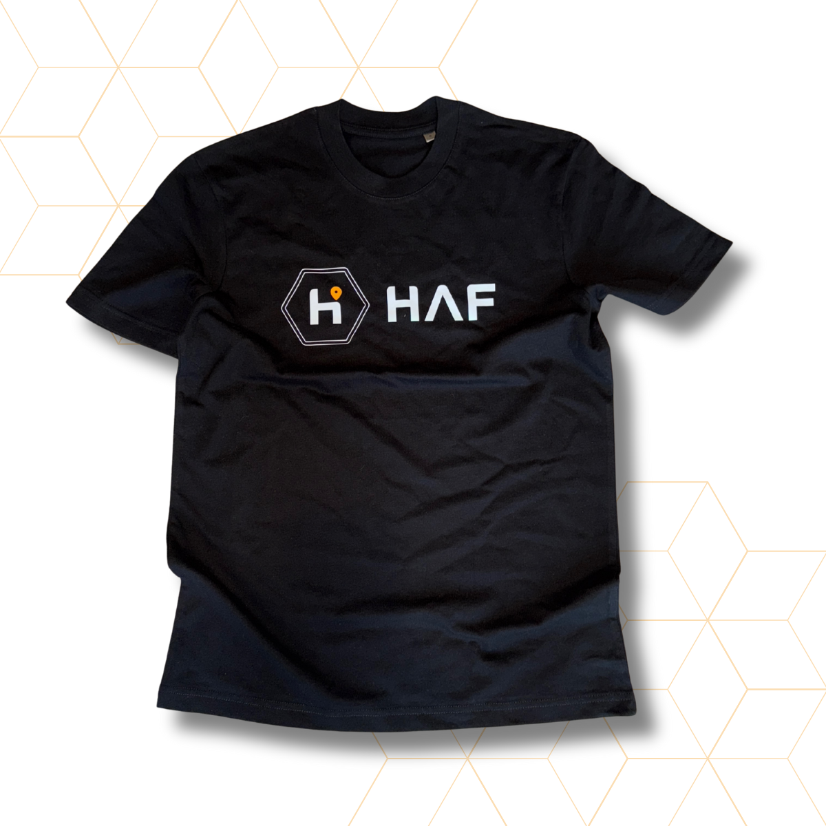 Black t-shirt with 'HAF' logo on a white background