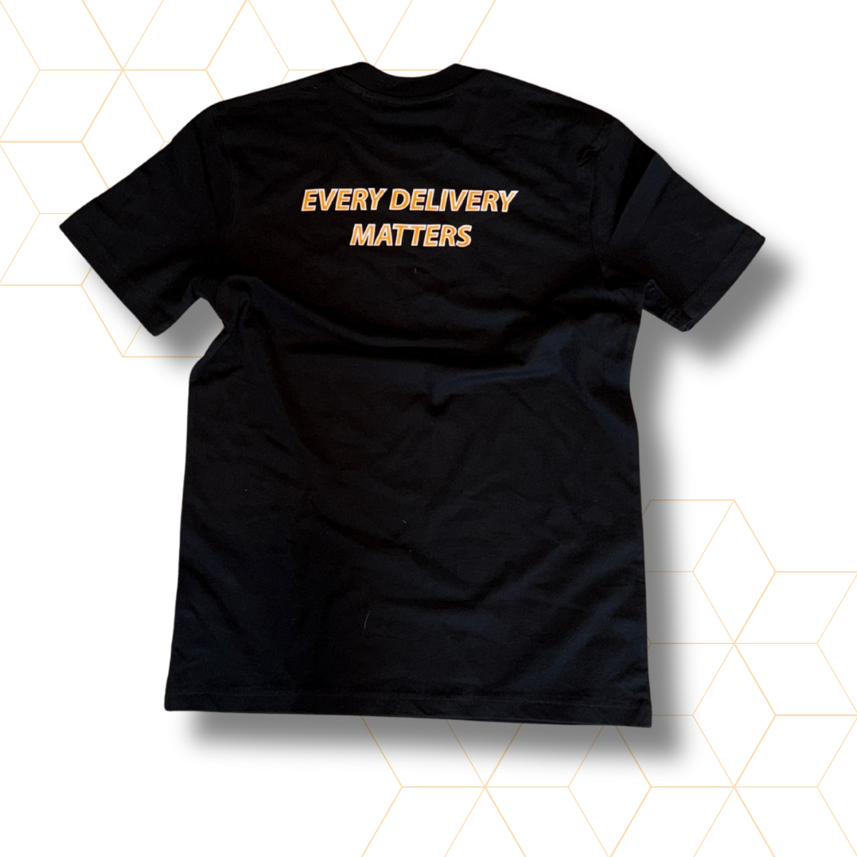 Black t-shirt with 'Every Delivery Matters' text on a white background