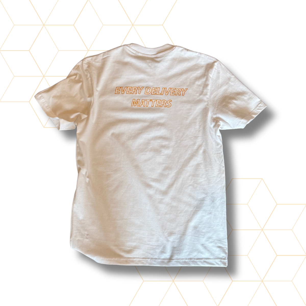 White t-shirt with 'Every Delivery Matters' text on a white background