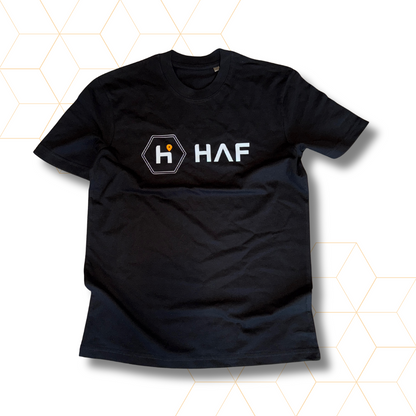 Black t-shirt with 'HAF' logo on a white background