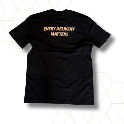 Black t-shirt with 'Every Delivery Matters' text on a white background
